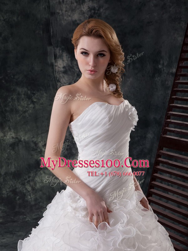 New Style White Sleeveless Organza and Fabric With Rolling Flowers Court Train Lace Up Wedding Gowns for Wedding Party