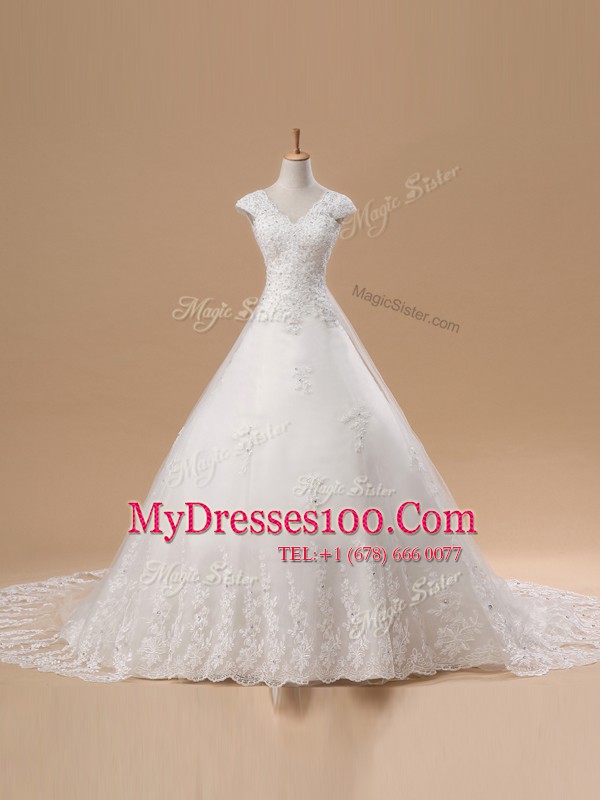 White Short Sleeves Tulle and Lace Chapel Train Lace Up Wedding Dresses for Wedding Party