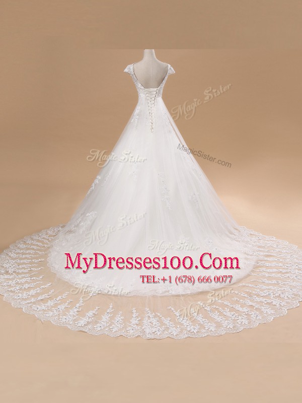 White Short Sleeves Tulle and Lace Chapel Train Lace Up Wedding Dresses for Wedding Party