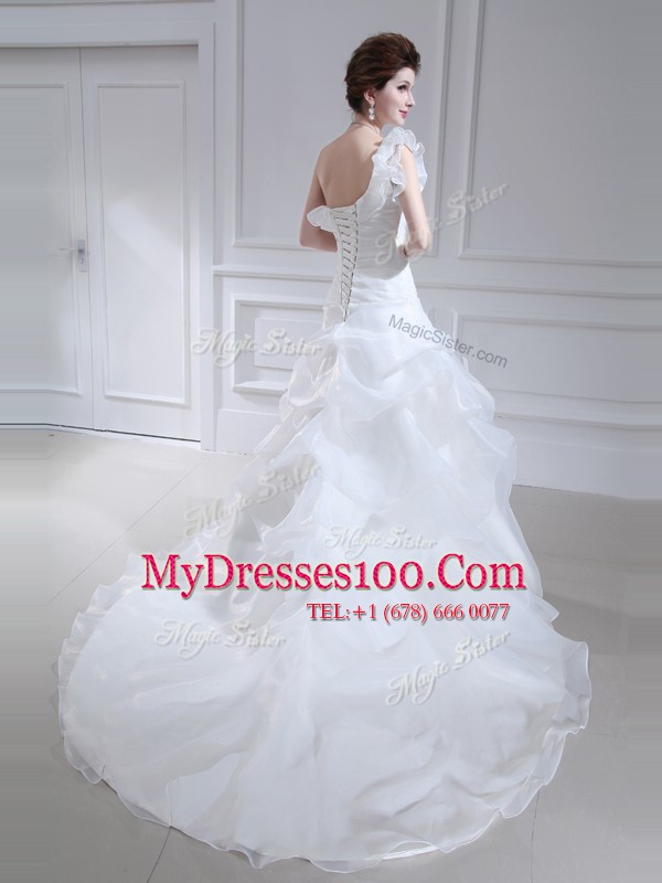 One Shoulder White Lace Up Bridal Gown Ruffles and Ruching and Pick Ups Sleeveless With Brush Train