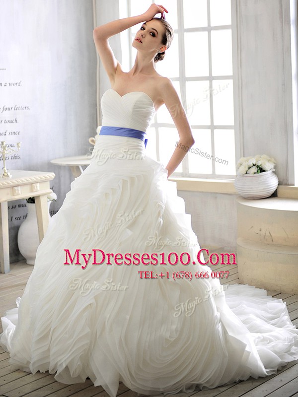 Court Train Ball Gowns Wedding Dress White Sweetheart Organza Sleeveless With Train Lace Up