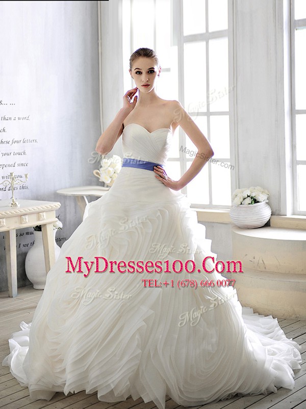 Court Train Ball Gowns Wedding Dress White Sweetheart Organza Sleeveless With Train Lace Up
