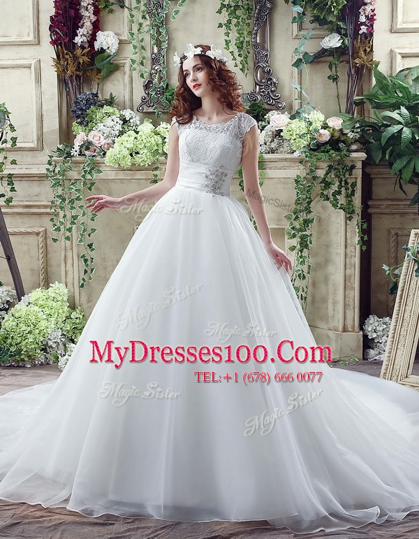 Admirable White Scalloped Zipper Beading and Lace Wedding Gown Court Train Sleeveless
