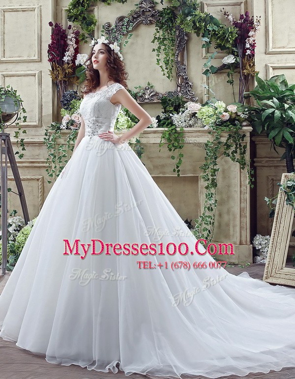 Admirable White Scalloped Zipper Beading and Lace Wedding Gown Court Train Sleeveless