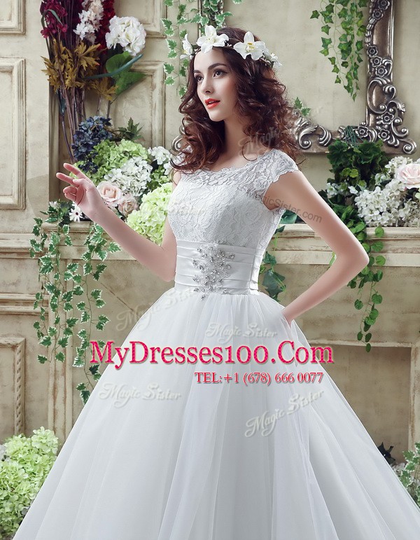 Admirable White Scalloped Zipper Beading and Lace Wedding Gown Court Train Sleeveless
