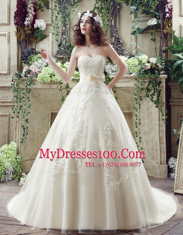 Shining Champagne Wedding Dresses Sweetheart Sleeveless Court Train Lace Up
