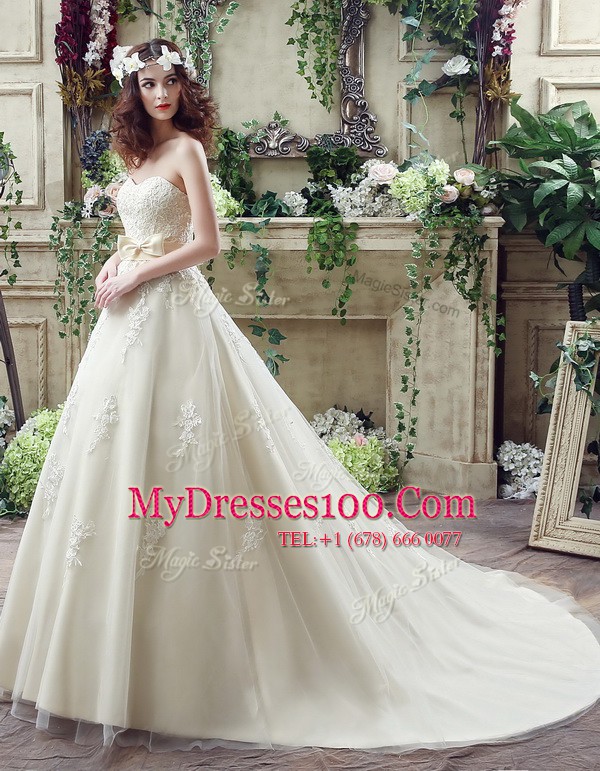 Shining Champagne Wedding Dresses Sweetheart Sleeveless Court Train Lace Up