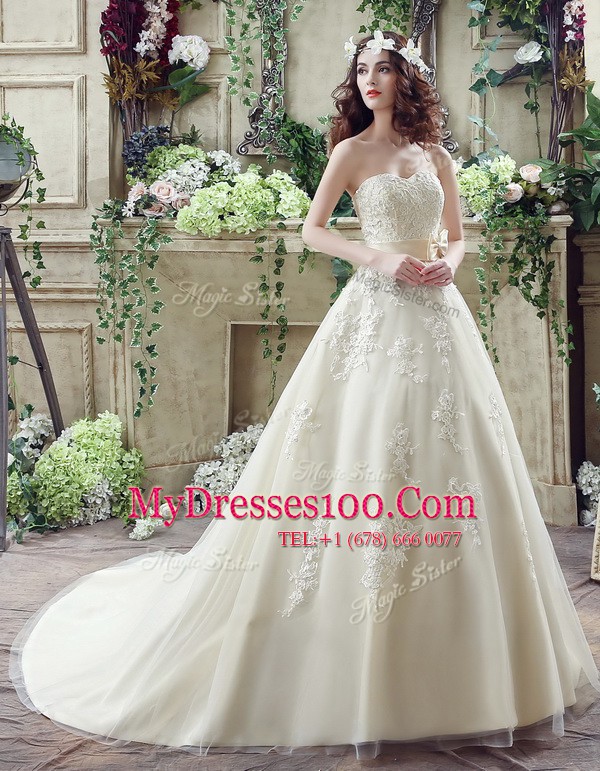 Shining Champagne Wedding Dresses Sweetheart Sleeveless Court Train Lace Up
