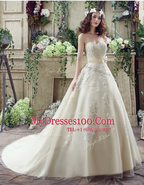 Shining Champagne Wedding Dresses Sweetheart Sleeveless Court Train Lace Up