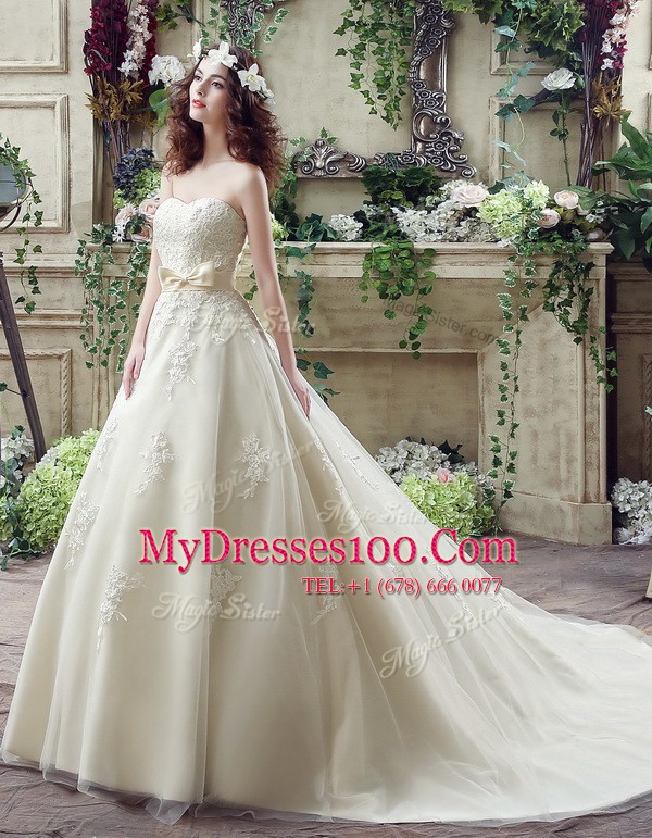 Shining Champagne Wedding Dresses Sweetheart Sleeveless Court Train Lace Up