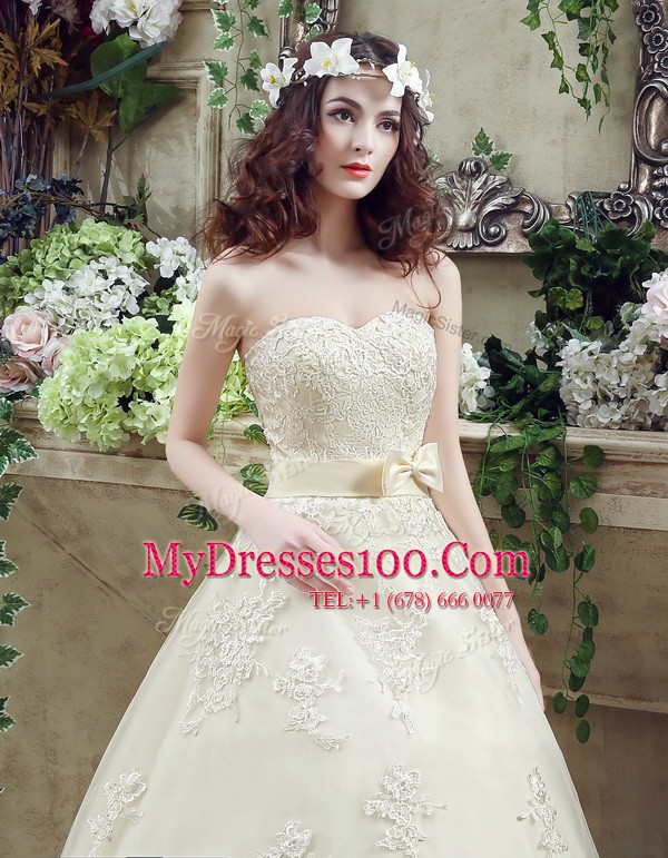 Shining Champagne Wedding Dresses Sweetheart Sleeveless Court Train Lace Up