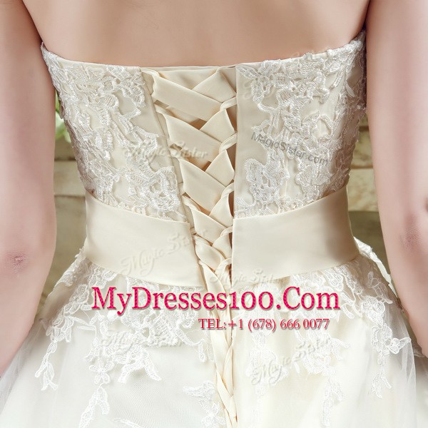 Shining Champagne Wedding Dresses Sweetheart Sleeveless Court Train Lace Up