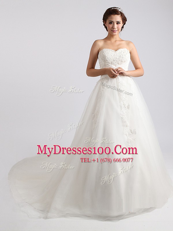 White Bridal Gown Wedding Party and For with Beading and Appliques Sweetheart Sleeveless Court Train Lace Up