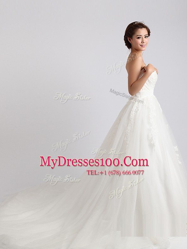 White Bridal Gown Wedding Party and For with Beading and Appliques Sweetheart Sleeveless Court Train Lace Up