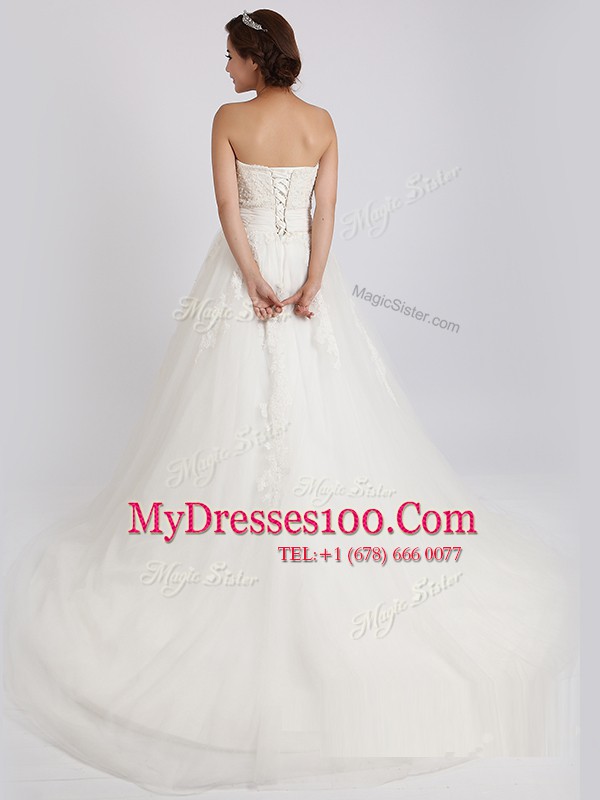 White Bridal Gown Wedding Party and For with Beading and Appliques Sweetheart Sleeveless Court Train Lace Up