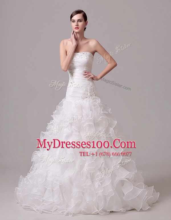 White Column/Sheath Beading and Appliques and Ruffles and Ruching Wedding Gown Lace Up Organza Sleeveless With Train