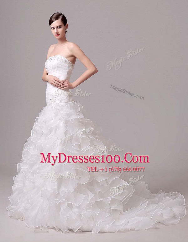 White Column/Sheath Beading and Appliques and Ruffles and Ruching Wedding Gown Lace Up Organza Sleeveless With Train