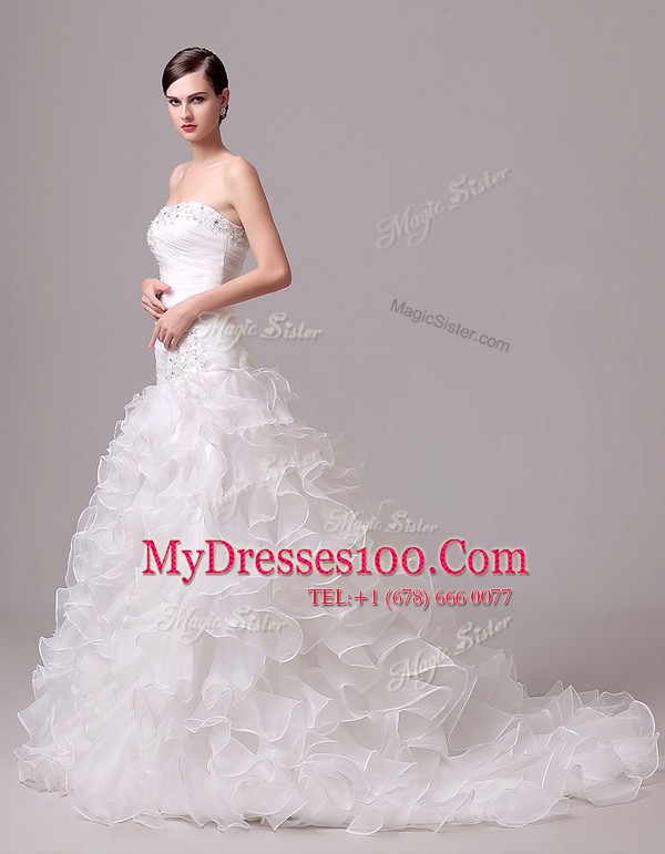 White Column/Sheath Beading and Appliques and Ruffles and Ruching Wedding Gown Lace Up Organza Sleeveless With Train