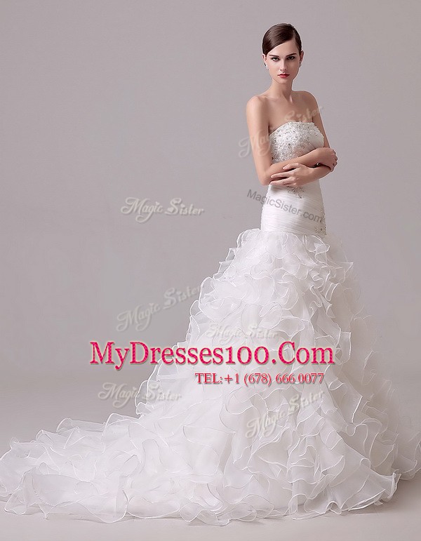 White Column/Sheath Beading and Appliques and Ruffles and Ruching Wedding Gown Lace Up Organza Sleeveless With Train