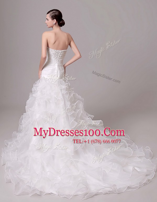 White Column/Sheath Beading and Appliques and Ruffles and Ruching Wedding Gown Lace Up Organza Sleeveless With Train