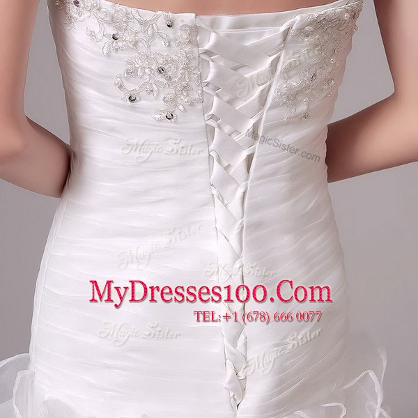 White Column/Sheath Beading and Appliques and Ruffles and Ruching Wedding Gown Lace Up Organza Sleeveless With Train