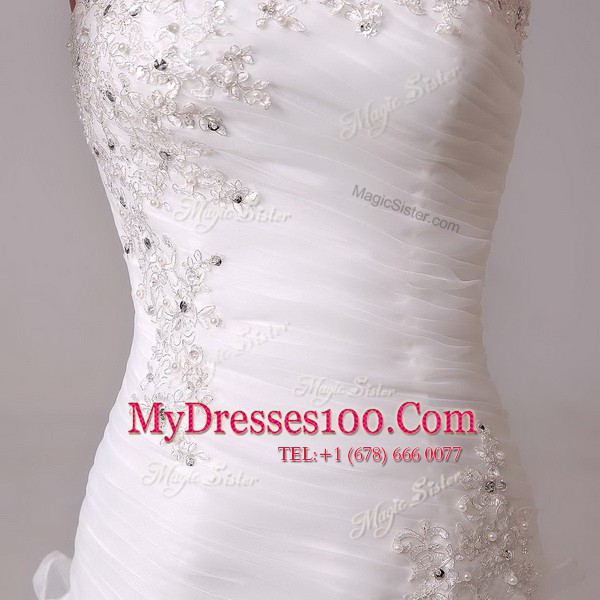 White Column/Sheath Beading and Appliques and Ruffles and Ruching Wedding Gown Lace Up Organza Sleeveless With Train