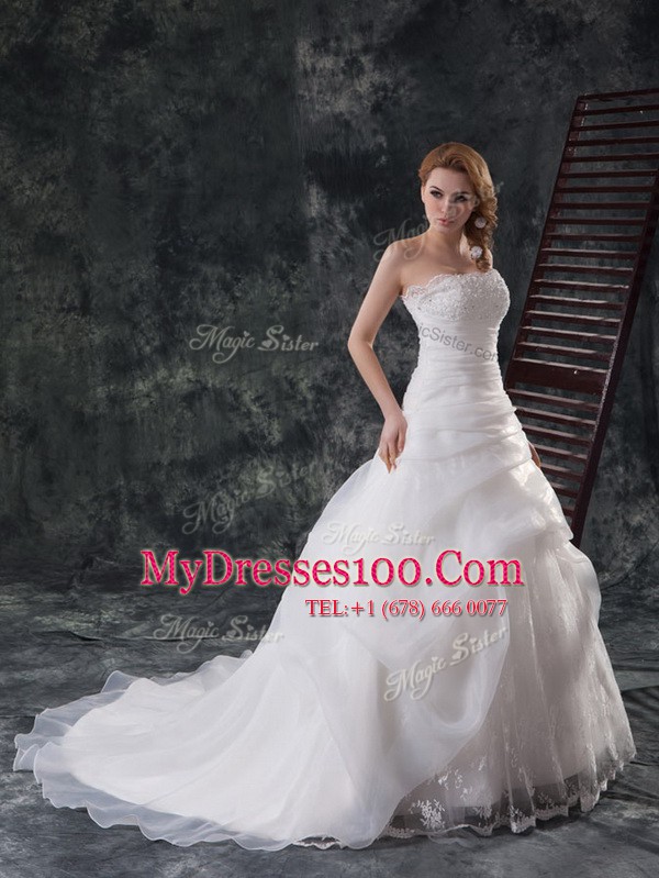 Extravagant White Organza Zipper Bridal Gown Sleeveless With Brush Train Beading and Appliques and Ruching and Pick Ups