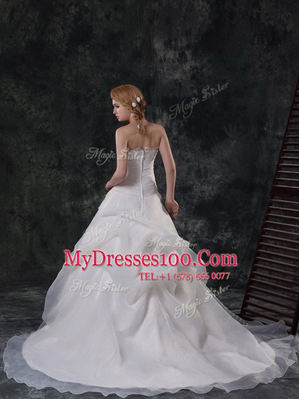 Extravagant White Organza Zipper Bridal Gown Sleeveless With Brush Train Beading and Appliques and Ruching and Pick Ups