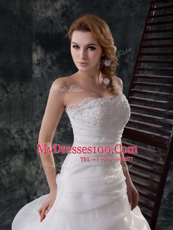 Extravagant White Organza Zipper Bridal Gown Sleeveless With Brush Train Beading and Appliques and Ruching and Pick Ups
