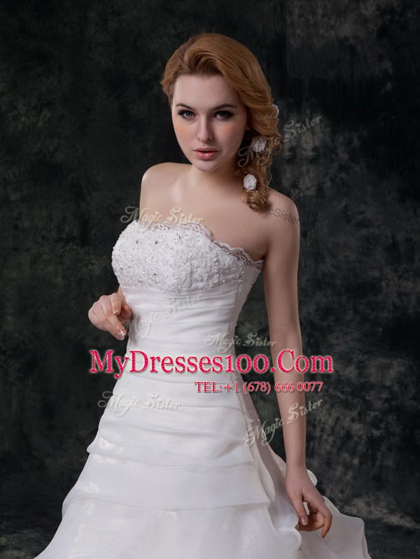 Extravagant White Organza Zipper Bridal Gown Sleeveless With Brush Train Beading and Appliques and Ruching and Pick Ups