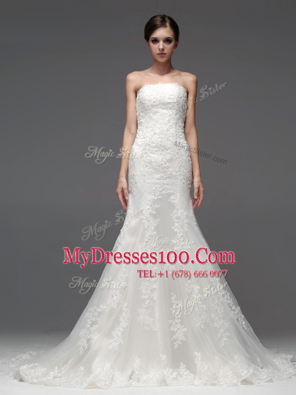 Brush Train Column/Sheath Wedding Dresses White Strapless Lace Sleeveless With Train Lace Up