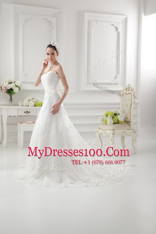Sweetheart Sleeveless Wedding Gown Sweep Train Lace and Appliques White Tulle
