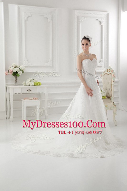 Sweetheart Sleeveless Wedding Gown Sweep Train Lace and Appliques White Tulle