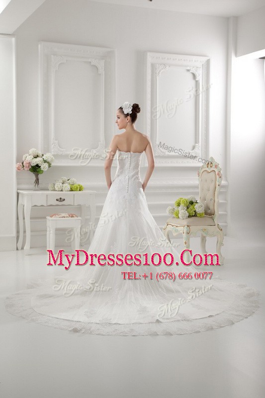 Sweetheart Sleeveless Wedding Gown Sweep Train Lace and Appliques White Tulle