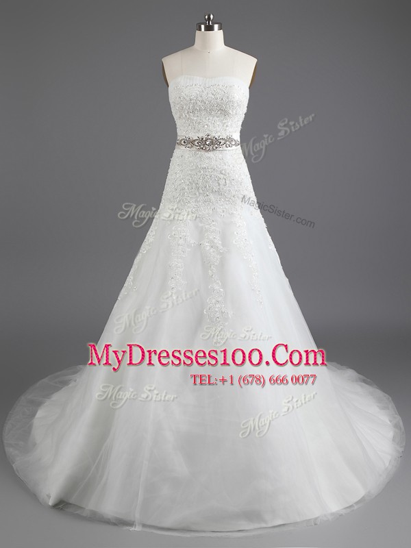 Sleeveless Court Train Beading and Lace and Appliques Lace Up Wedding Dress