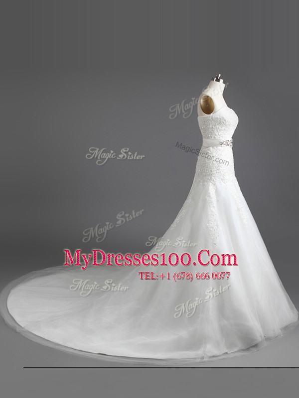 Sleeveless Court Train Beading and Lace and Appliques Lace Up Wedding Dress