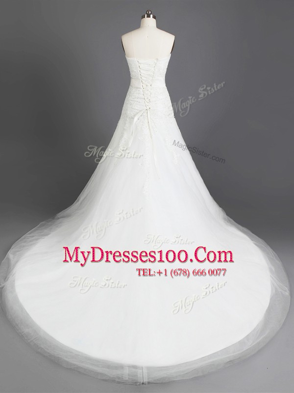 Sleeveless Court Train Beading and Lace and Appliques Lace Up Wedding Dress