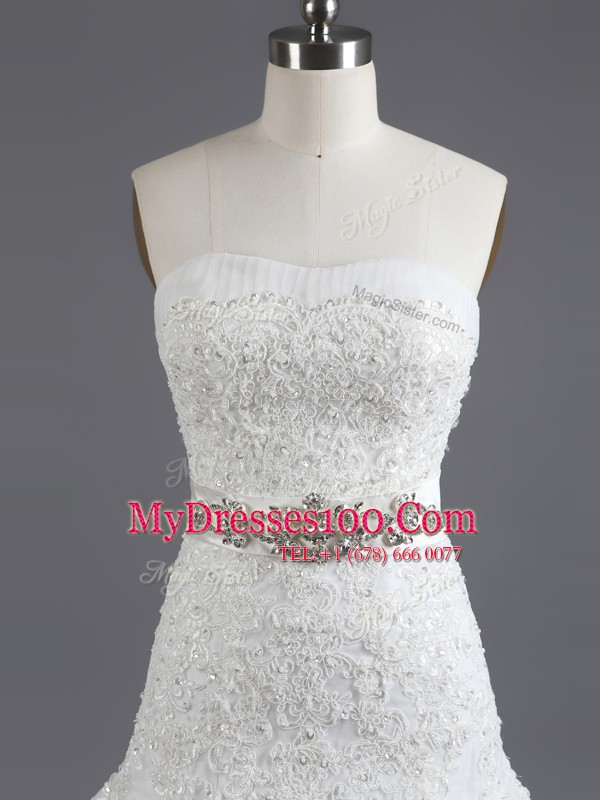 Sleeveless Court Train Beading and Lace and Appliques Lace Up Wedding Dress