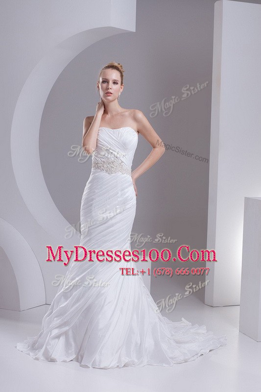 Clearance Mermaid White Strapless Lace Up Beading and Appliques and Ruching Wedding Dresses Brush Train Sleeveless
