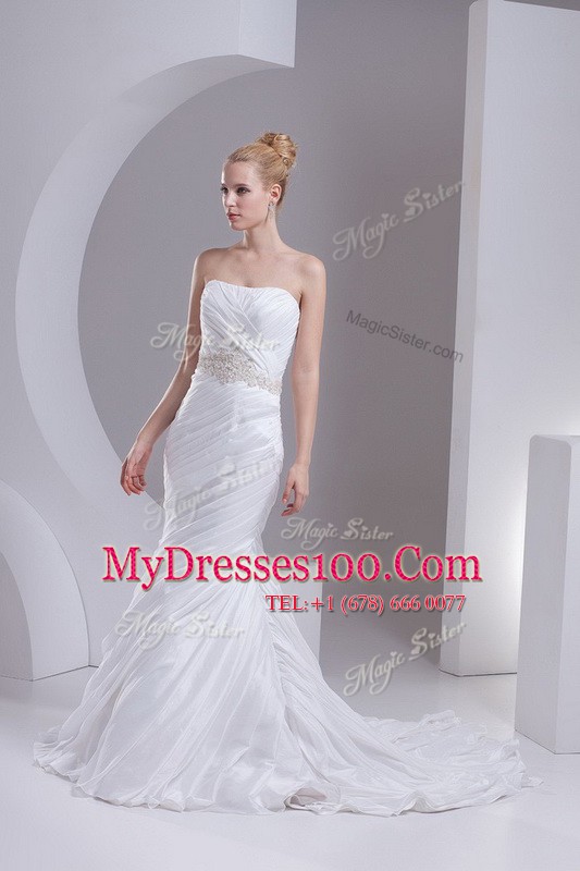 Clearance Mermaid White Strapless Lace Up Beading and Appliques and Ruching Wedding Dresses Brush Train Sleeveless