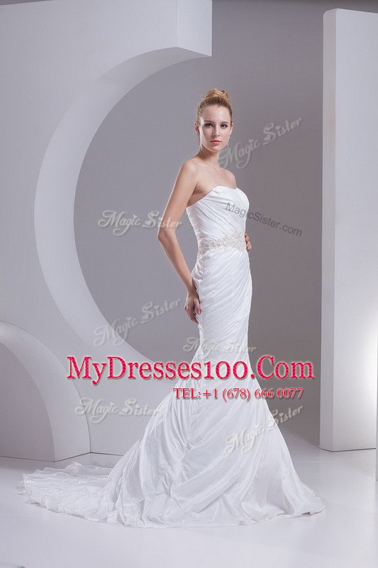 Clearance Mermaid White Strapless Lace Up Beading and Appliques and Ruching Wedding Dresses Brush Train Sleeveless