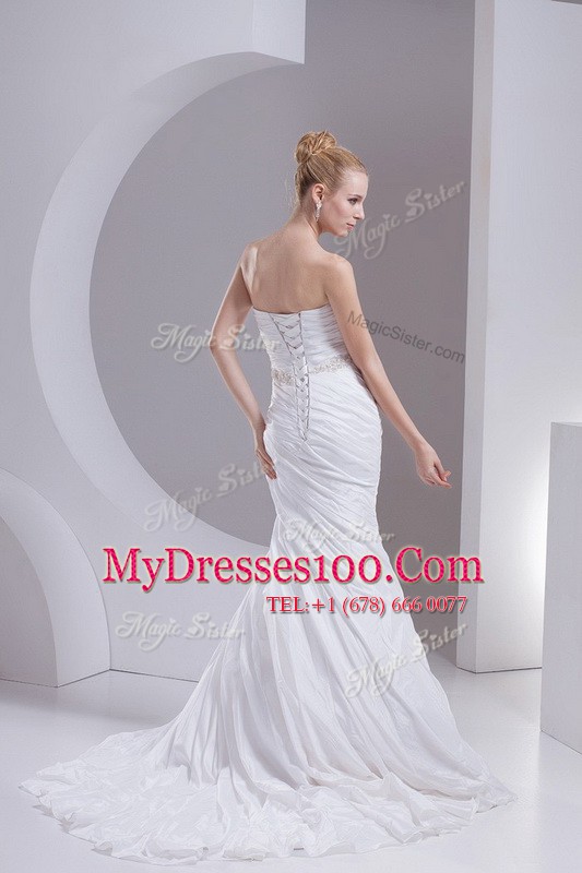 Clearance Mermaid White Strapless Lace Up Beading and Appliques and Ruching Wedding Dresses Brush Train Sleeveless