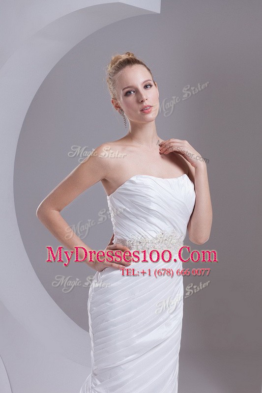 Clearance Mermaid White Strapless Lace Up Beading and Appliques and Ruching Wedding Dresses Brush Train Sleeveless