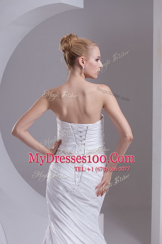 Clearance Mermaid White Strapless Lace Up Beading and Appliques and Ruching Wedding Dresses Brush Train Sleeveless