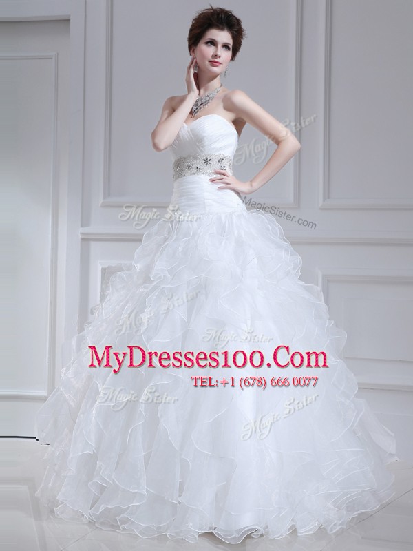 White Wedding Gowns Wedding Party and For with Beading and Ruffles Sweetheart Sleeveless Lace Up