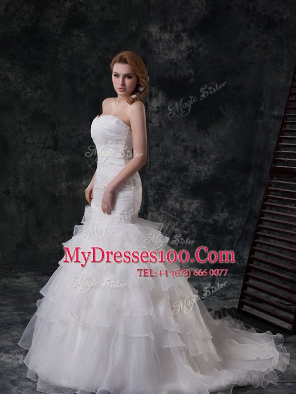 Beauteous Mermaid Sleeveless Beading and Ruffled Layers Lace Up Bridal Gown