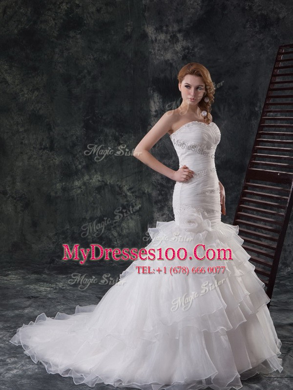 Beauteous Mermaid Sleeveless Beading and Ruffled Layers Lace Up Bridal Gown