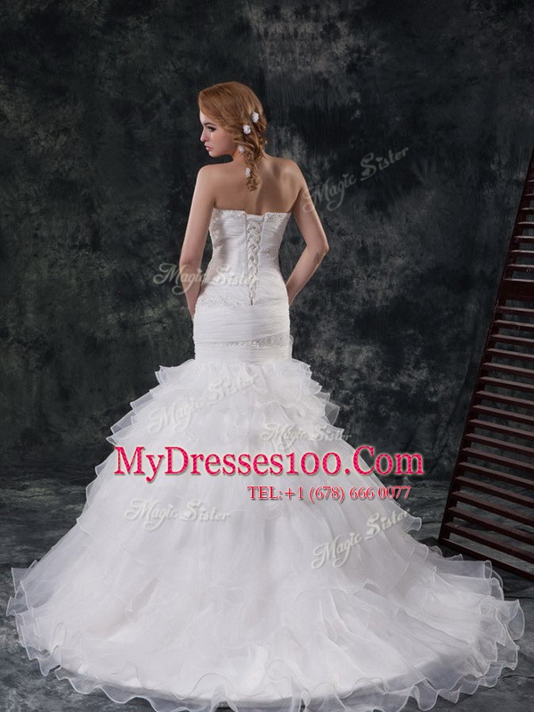Beauteous Mermaid Sleeveless Beading and Ruffled Layers Lace Up Bridal Gown
