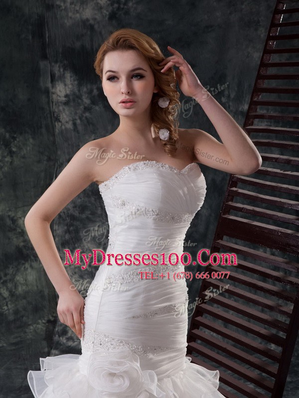 Beauteous Mermaid Sleeveless Beading and Ruffled Layers Lace Up Bridal Gown