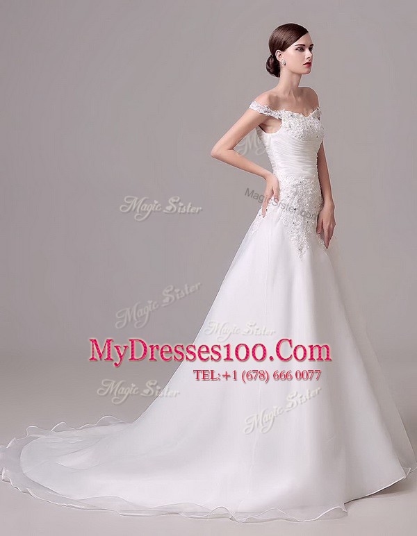 Off The Shoulder Sleeveless Court Train Clasp Handle Wedding Dress White Organza